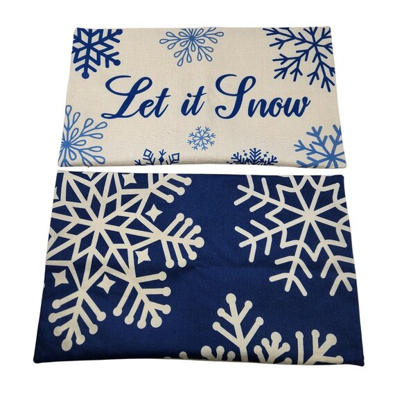 Winter Throw Pillow Covers "Let It Snow" Blue & White Handmade Zipper 20"X12" - Picture 1 of 7